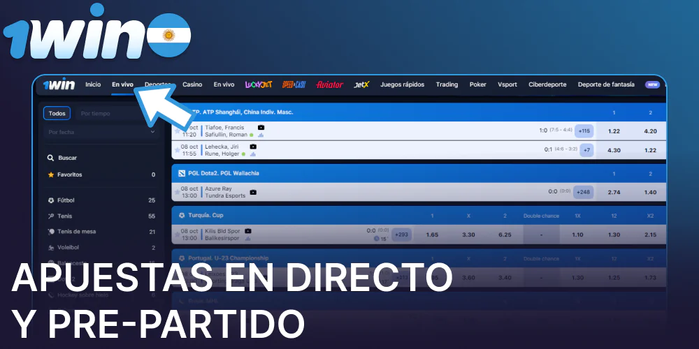 Apuestas en directo y pre-partido en 1win Argentina