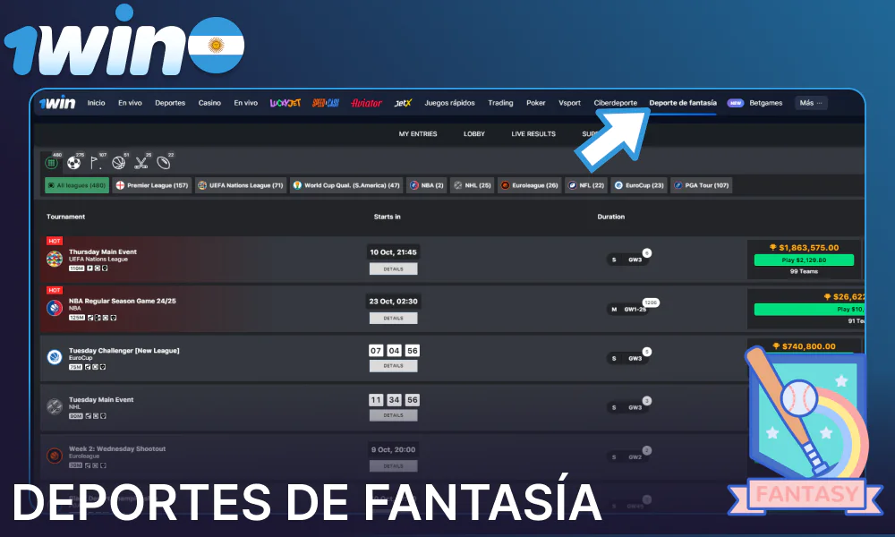 Opciones de apuestas de deportes de fantasía en 1win Argentina