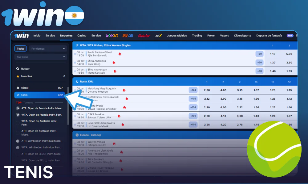 Opciones de apuestas de tenis en 1win Argentina