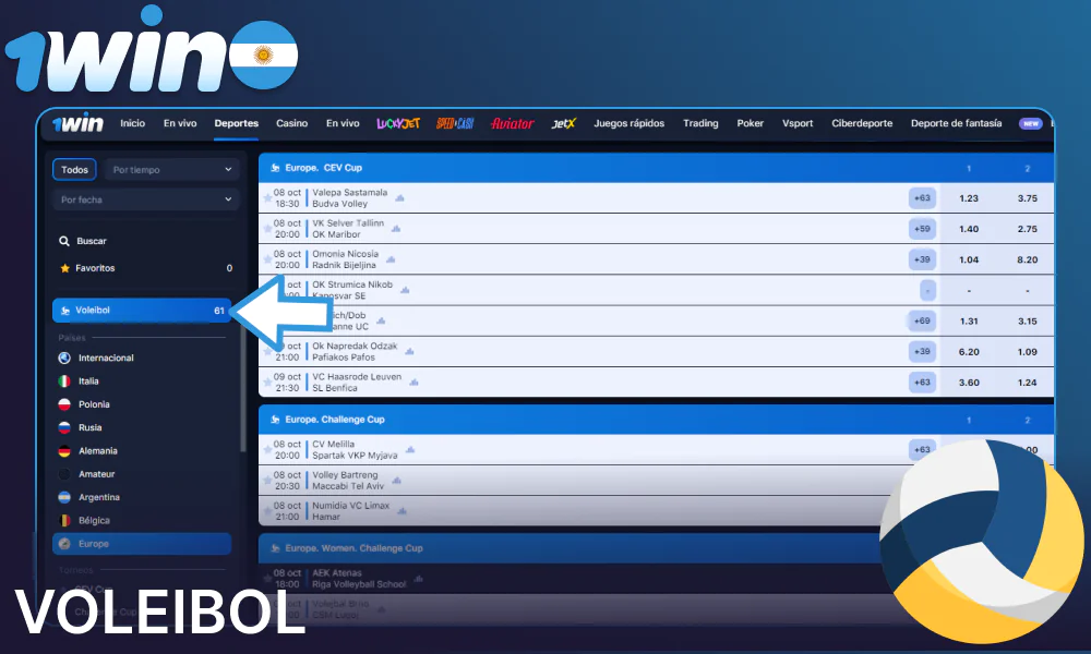 Opciones de apuestas de voleibol en 1win Argentina
